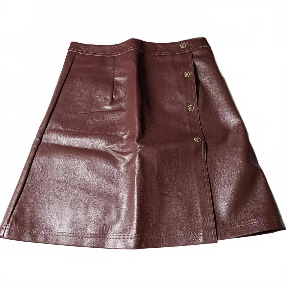 Women's Faux Leather Burgundy‎ A-Line Skirt with Button Detail NEW